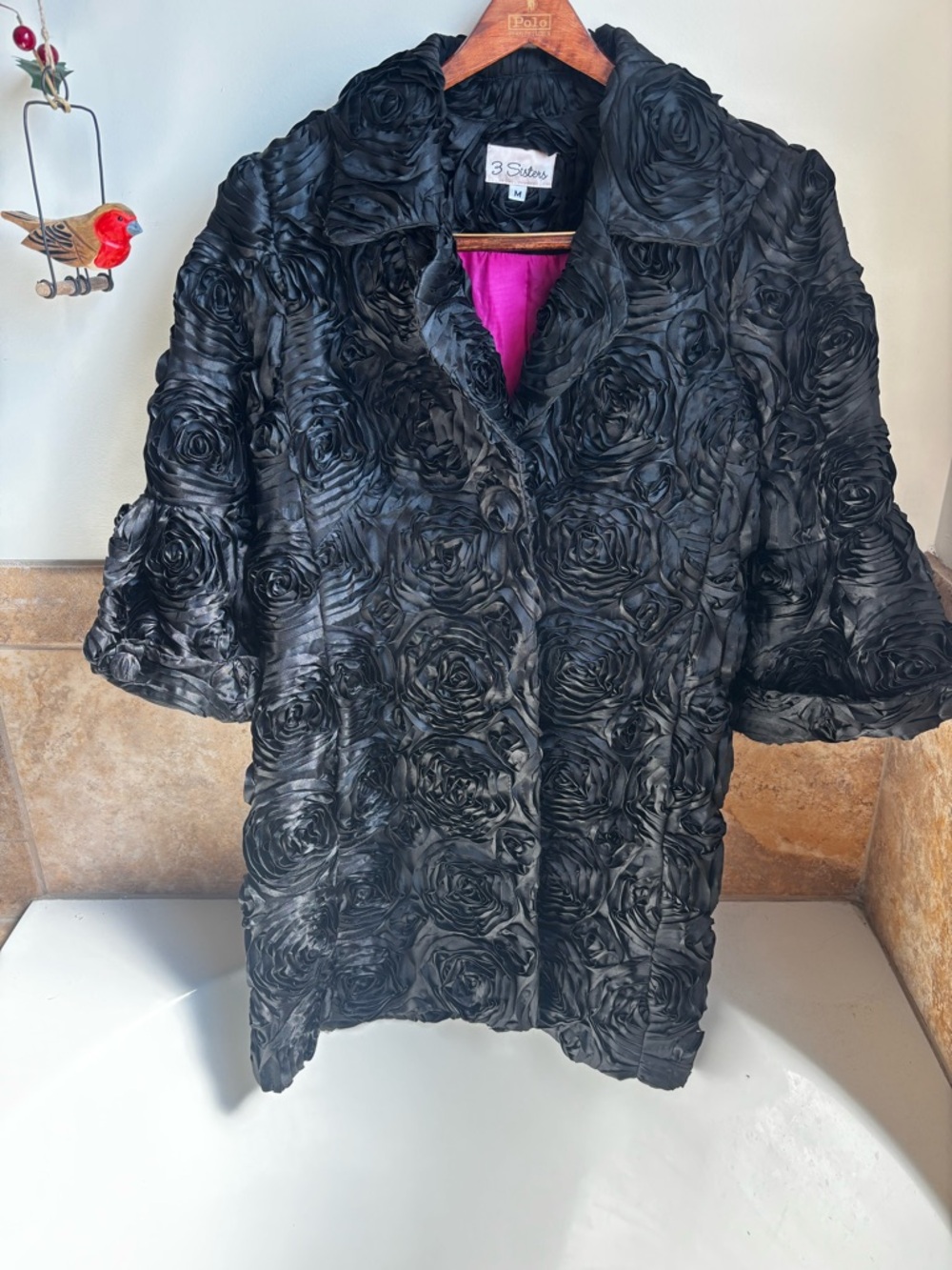 3 Sisters Black Rosette Textured Short Coat with Pink Lining